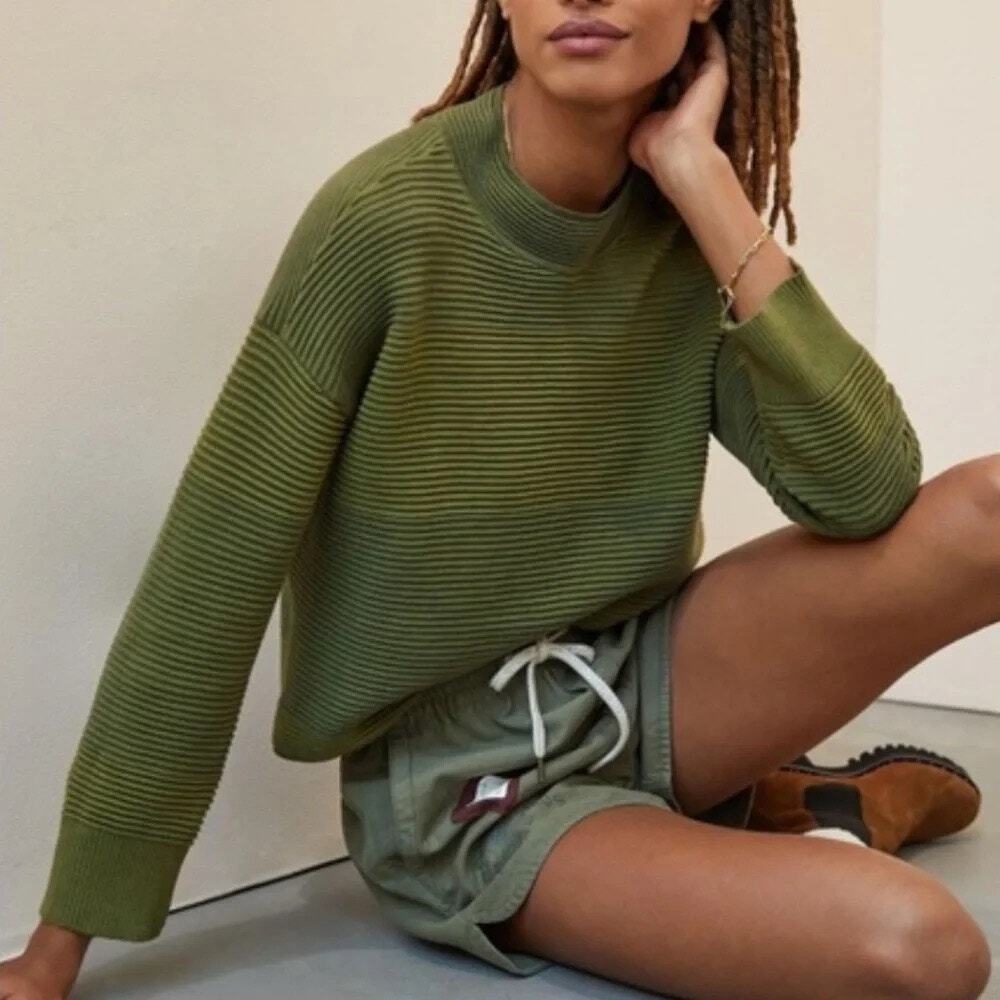 Anthropologie Daily Practice Two Tone Olive Green Ribbed Knit Pullover Sweater
